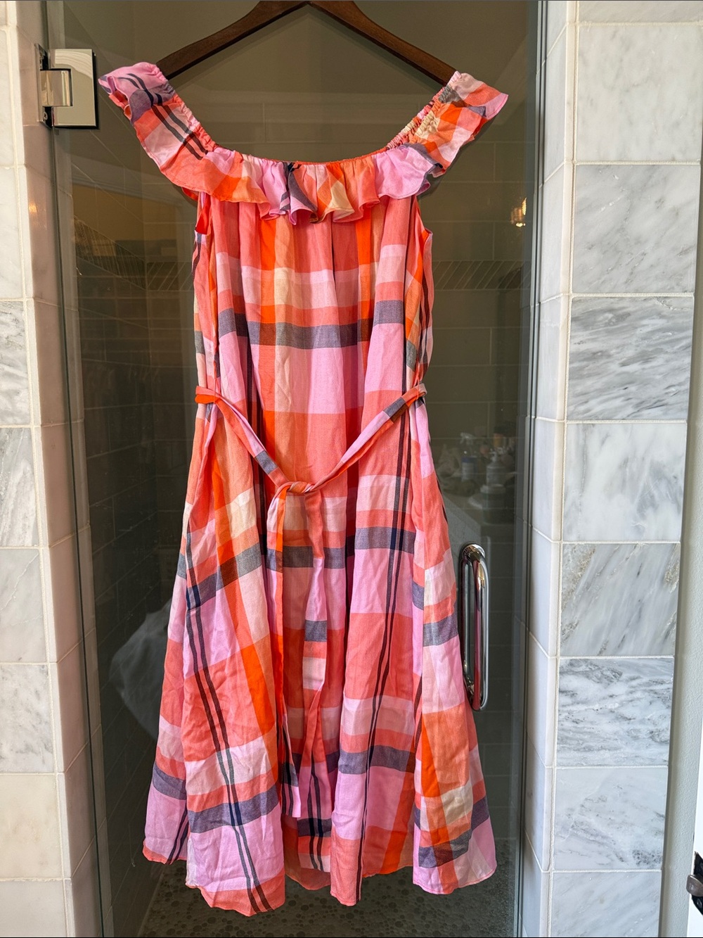 Ann Taylor Tall Madras Plaid Ruffle Square Neck Midi Dress MP